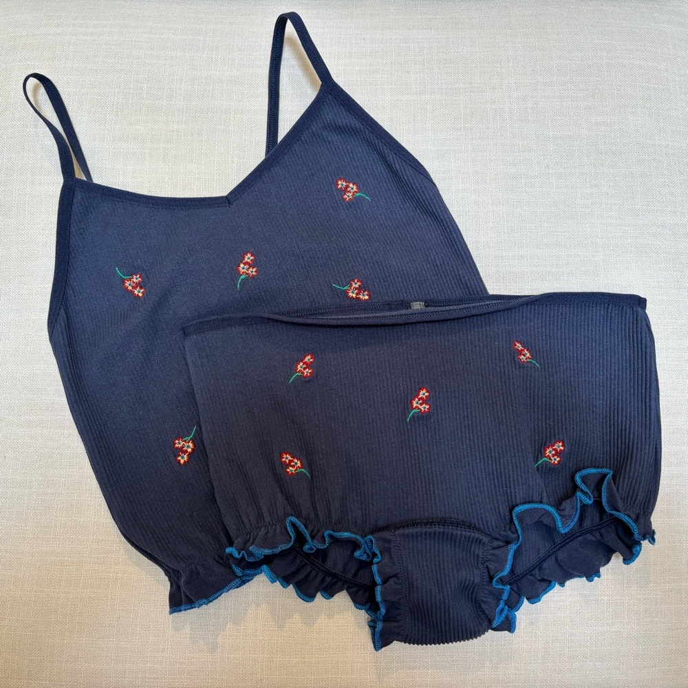 Anthropologie ‘Icon’ Seamless Tank & Shorts Set NWT Navy Floral Embroidered L/XL